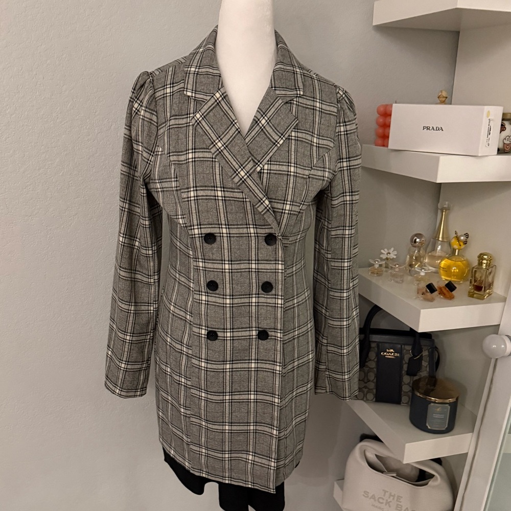 SHEIN Gray Plaid Double-Breasted Blazer - Picture 2 of 8